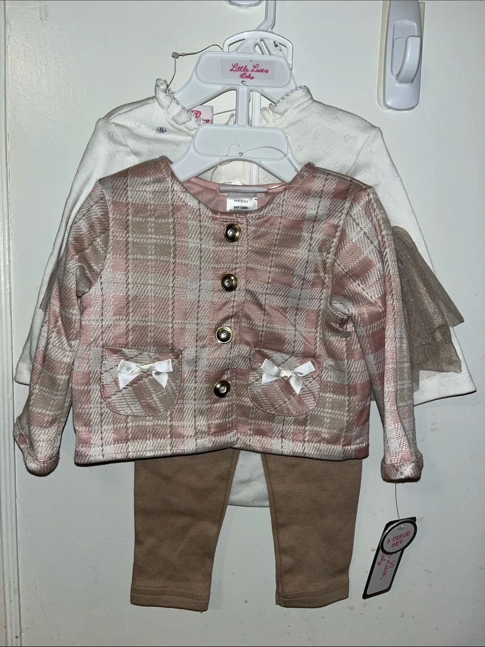 Little Lass Pink Plaid Jacket with Tan Leggings Set